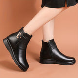 Women's Solid Color Boots, Buckle Decor Side Zipper Round Toe Velvet Warm Fluffy Non-slip Soft Boots, Winter Comfy Shoes