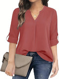 Purpdrank Chic Solid V-Neck Blouse - Fashionable simplicity for Women - Relaxed Casual Long Sleeve Style