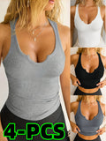 Purpdrank [4pcs Slimming Tank Tops for Women] 4pcs Sleek Ribbed Tank Tops for Women - Breathable, Slimming, No-Pad Sports & Yoga Vests with Unique Notch Neckline - Versatile Solid Color Activewear