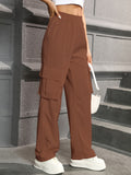 Straight Leg Cargo Pants, Y2K High Waist Solid Pants For Spring & Fall, Women's Clothing