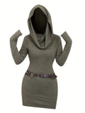 Purpdrank Solid Hooded Dress - Long Sleeve, Y2K Inspired, Comfortable and Versatile for Spring and Fall Seasons - Women's Stylish Clothing for Everyday Wear