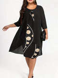 Elegant Women's 3/4 Sleeve Crew Neck Abstract Print Layered Dress for Daily Wear