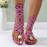 Purpdrank [Summer Comfortable Rhinestone Sandals] Women's Rhinestone Decor Flat Sandals, Comfortable Summer Beach Fashion Buckle Strap Shoes