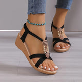 Purpdrank [Wedge Heeled Beads Sandals] Women's Beads Decor Wedge Heeled Sandals, Casual Open Toe Platform Shoes, Comfortable Ankle Strap Sandals