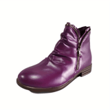 Purpdrank Women's Double Zipper Ankle Boots, Solid Color Chunky Low Heeled Shoes, Retro Ruched Detail Short Boots