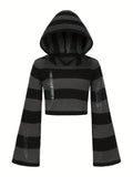 Y2K Ripped Flare Sleeve Punk Striped Distressed Hooded Sweater for Women's Spring & Fall Clothing