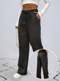 Solid Drawstring Pants, Casual Wide Leg Elastic Waist Pants, Women's Clothing