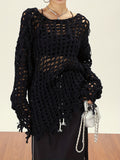 Chic Y2K Crochet Tassel Knit Sweater - Soft & Cozy Crew Neck with Long Sleeves - Fashion-Forward Womens Clothing