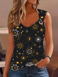 Vibrant Star & Moon Print Ring Linked Tank Top - Sleeveless, Relaxed Fit, Breathable, Moisture-Wicking, Quick-Drying, Perfect for Spring & Summer, Women's Casual Clothing, Ideal for Outdoor Activities, Daily Wear, and Vacatio