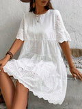 Hollow Out Crew Neck Loose Dress, Elegant Short Sleeve Dress For Spring & Summer, Women's Clothing