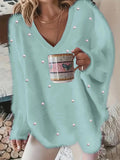 Plus Size Elegant Sweater, Women's Plus Faux Pearl Decor Long Sleeve V Neck Slight Stretch Fuzzy Pullover Jumper