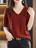 Solid Color V-neck Sweater, Versatile Half Sleeve Knitted Top For Spring & Fall, Women's Clothing