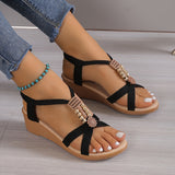 Purpdrank [Wedge Heeled Beads Sandals] Women's Beads Decor Wedge Heeled Sandals, Casual Open Toe Platform Shoes, Comfortable Ankle Strap Sandals