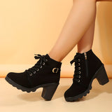 Women's Solid Color Platform Boots, Lace Up Side Zipper Slip On Round Toe Chunky Heel Shoes, Casual Comfy Shoes