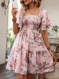 Shirred Floral Print Ruffle Hem Dress, Elegant Square Neck Short Sleeve Dress For Spring & Summer, Women's Clothing