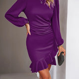 Purpdrank Elegant Long Sleeve Solid Dress - Chic Crew Neck, Cascading Ruffle Hem Detail, Perfect for Evening Occasions & Social Events - Women's Fashion Essential