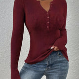 Purpdrank Button Front Solid Ribbed Sweater, Elegant Long Sleeve Slim Sweater For Fall & Winter, Women's Clothing