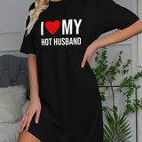 Purpdrank Casual Short-Sleeve Crew Neck Polyester Blend Knit T-Shirt - "I Love My Hot Husband" Slogan Print Nightgown for Women - All-Season Sleepshirt