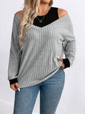 Purpdrank Plus Size Knit Sweater - Cozy Off-the-Shoulder Design, Long Sleeve, V-Neck, Striped Pattern, Soft and Breathable Fabric, Perfect for Spring or Fall Casual Wear, Everyday Comfort, and Chic Style