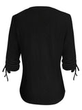 Purpdrank Chic Eyelet V-Neck T-Shirt with Ruched Drawstring - Adjustable Long Sleeves for a Flattering Casual Look - Womens Fashion Essential