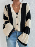 Purpdrank Flared Sleeves Long Sleeves Buttoned Contrast Color Striped V-Neck Cardigan Tops