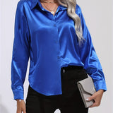 Purpdrank Elegant All-Season Shirt for Women - Long Sleeve, Solid Color, Easy-Care Polyester Blouse with Classic Turn-Down Collar