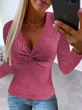 Purpdrank Stylish Ribbed Twist Front V Neck Long Sleeve T-Shirt - Women's Casual Fashion Tops for Spring & Fall - Soft, Breathable, Relaxed Fit Clothing