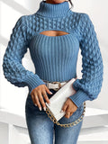 Chic Solid Color Turtleneck Sweater with Lantern Sleeves - Casual Cut-Out Design, Soft Acrylic Knit Pullover for Women