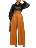 1pc Women'S High-Waisted Faux Leather Wide Leg Pants, Casual Loose Fit Cropped Trousers with Zipper Detail, Solid Color Straight Leg for Weekend Casual - All Seasons