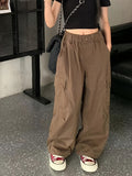 Loose Solid Colored Girls Cargo Pants with Flap Pockets for Spring & Summer, Versatile & Plain