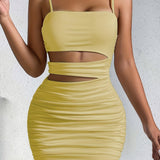 Purpdrank Trendy Y2K Inspired Solid Hollow Bodycon Cami Dress - Women's Sexy Spaghetti Dresses for Spring & Summer - Body Hugging, Mini Length, Sleeveless, V Neckline, Backless, Perfect for Outdoor Events and Casual Gathering