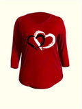 Purpdrank [Plus Size Heart Print T-Shirt] Chic Plus Size Heart Print T-Shirt - Casual V-Neck with 3/4 Sleeves, Stretchy & Machine Washable, Perfect for All Seasons