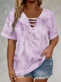 Purpdrank Women'S Plus Size Tie Dye Print Short Sleeve T-Shirt, Casual Loose Fit Tee with Lace-Up Drape Neck, Polyester 95% Spandex 5% Knit Fabric, Medium Stretch, Spring/Summer Pullovers, 175g/m² - Purple