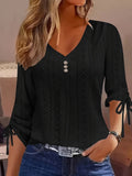 Purpdrank Chic Eyelet V-Neck T-Shirt with Ruched Drawstring - Adjustable Long Sleeves for a Flattering Casual Look - Womens Fashion Essential