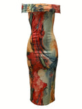 Abstract Print Sheath Dress, Off-shoulder Straight Neck Slim Dress For Spring & Summer, Women's Clothing