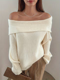 Long Sleeve Off Shoulder Solid Color Elegant Sweater for Fall & Winter, Women's Clothing