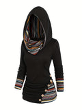 Trendy Ethnic Print Hoodie for Women - Stylish Button Accent, Comfortable Long Sleeve, Hooded Top - Perfect Fashionable Womens Casual Wear