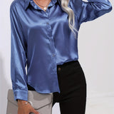 Purpdrank Elegant All-Season Shirt for Women - Long Sleeve, Solid Color, Easy-Care Polyester Blouse with Classic Turn-Down Collar