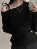 Elegant Y2K Style Off-the-Shoulder Sweater with Drawstring Shoulder Straps, Long Sleeve, H-Fit, Knitted Polyester, Casual Solid Color Pullover Sweater for Women - Spring/Fall Collection