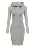 Womens Casual Chic Hooded Dress with Kangaroo Pocket - Adjustable Drawstring - Cozy Long Sleeves - Solid Color - Perfect for Everyday Wear