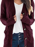 Purpdrank Cable Knit Button Front Cardigan, Casual Solid Long Sleeve Cardigan For Fall & Winter, Women's Clothing