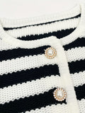 Chic Black & White Striped Knit Cardigan - Casual Long Sleeve Button-Up Sweater for Women, Perfect for Fall/Winter