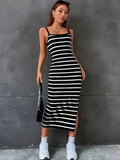 Vibrant Striped Print Cami Dress - Women's Casual Sleeveless Summer Dresses with Side Split and Relaxed Fit - Perfect for Outdoor Activities and Beach Trips