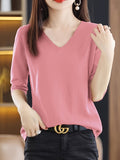 Solid Color V-neck Sweater, Versatile Half Sleeve Knitted Top For Spring & Fall, Women's Clothing