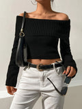 Purpdrank Elegant Off-Shoulder Crop Sweater - Solid Ribbed Knit for Spring to Fall | Versatile & Chic