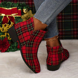 Purpdrank Women's Plaid Ankle Boots, Christmas Style Chunky Low Heeled Boots, Side Zipper Short Boots