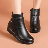 Women's Solid Color Boots, Buckle Decor Side Zipper Round Toe Velvet Warm Fluffy Non-slip Soft Boots, Winter Comfy Shoes