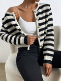 Chic Black & White Striped Knit Cardigan - Casual Long Sleeve Button-Up Sweater for Women, Perfect for Fall/Winter