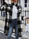 Purpdrank Plaid Pattern Mid Length Coat, Casual Button Front Long Sleeve Outerwear, Women's Clothing