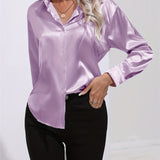 Purpdrank Elegant All-Season Shirt for Women - Long Sleeve, Solid Color, Easy-Care Polyester Blouse with Classic Turn-Down Collar